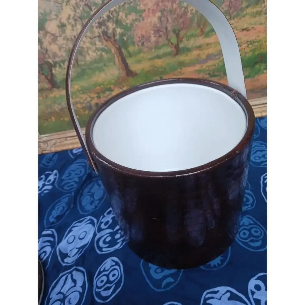 Vintage Ice Bucket Faux Lizard Print Brown White